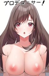 Rule 34 | 1girl, :o, absurdres, blush, breasts, brown hair, cleavage, collarbone, completely nude, highres, idolmaster, idolmaster shiny colors, large breasts, looking at viewer, nipples, nude, red eyes, simple background, solo, sora (men0105), sweatdrop, tsukioka kogane, upper body, white background