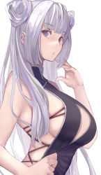 Rule 34 | 1girl, bare arms, bare shoulders, blunt bangs, breasts, character request, cleavage cutout, clothing cutout, copyright request, cross-laced clothes, double bun, from side, hair bun, high collar, highres, large breasts, long hair, looking at viewer, purple eyes, sideboob, sideless outfit, silver hair, skindentation, solo, untue, upper body