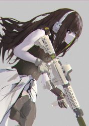Rule 34 | 1girl, assault rifle, black scarf, brown eyes, brown gloves, brown hair, brown sweater vest, closed mouth, cup, girls&#039; frontline, gloves, grey background, gun, headphones, highres, holding, holding cup, long hair, looking away, m4 carbine, m4a1 (girls&#039; frontline), rifle, running, scarf, solo, standing, sweater vest, weapon, wh1te