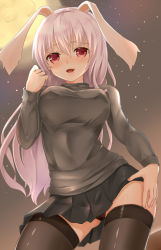 Rule 34 | 1girl, alternate costume, animal ears, black thighhighs, breasts, chiroshiron, clothes lift, extra ears, from below, full moon, highres, large breasts, long hair, long sleeves, looking at viewer, miniskirt, moon, night, open mouth, panties, pantyshot, pink hair, pleated skirt, rabbit ears, red eyes, reisen udongein inaba, skirt, skirt lift, sky, smile, solo, standing, star (sky), starry sky, sweater, thighhighs, thighs, touhou, underwear, very long hair