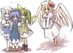 Rule 34 | 4girls, angel wings, annoyed, arms behind back, blonde hair, bloomers, blue hair, blush, bow, capelet, cirno, crossed arms, daiyousei, female focus, full body, green hair, hair bow, hat, holding, letty whiterock, lily white, long hair, long skirt, multiple girls, neck ribbon, one eye closed, oyavun, ponytail, puffy sleeves, ribbon, short hair, skirt, skirt set, standing, touhou, underwear, v arms, vu (oyavun), wings