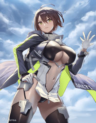 Rule 34 | 1girl, ahoge, azur lane, baltimore (azur lane), black thighhighs, blue coat, blue sky, blush, braid, breasts, brown hair, center opening, closed mouth, clothing cutout, coat, cuboon, hair between eyes, hand on own hip, highres, hood, hooded coat, large breasts, looking at viewer, navel, short hair, sky, smile, solo, stomach cutout, thighhighs, thighs, underboob cutout, yellow eyes, zipper pull tab