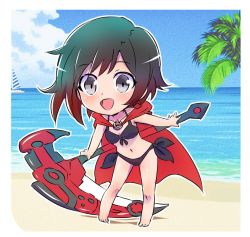 Rule 34 | 1girl, beach, bikini, blue sky, boat, cape, chibi, commentary request, crescent rose, day, iesupa, ocean, outdoors, ruby rose, rwby, scythe, sky, solo, swimsuit, watercraft