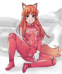 Rule 34 | 1girl, animal ears, artist request, blush, bodysuit, breasts, breasts apart, cameltoe, character request, copyright request, drawfag, gloves, grin, highres, knee up, looking at viewer, motor vehicle, motorcycle, motorcycle suit, on floor, simple background, skin tight, smile, solo, source request, spread legs, tail, white background, white gloves