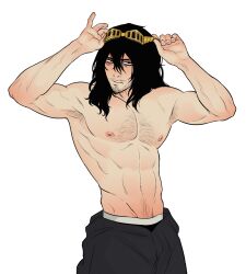 Rule 34 | 1boy, absurdres, armpit hair, arms up, bags under eyes, bara, beard stubble, black hair, black pants, boku no hero academia, eraser head (boku no hero academia), facial hair, facial scar, fingernails, g00miato, goggles, goggles on head, hair between eyes, highres, looking at viewer, male focus, male underwear, male underwear peek, messy hair, mustache, navel, nipples, pants, pectorals, pubic hair, pubic hair peek, scar, scar on cheek, scar on face, simple background, solo, stubble, toned, toned male, topless male, underwear, white background