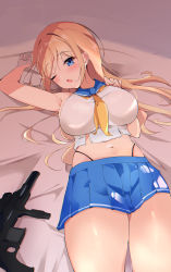 Rule 34 | 1girl, ;o, absurdres, arm up, armpits, bare arms, bare shoulders, blonde hair, blue eyes, blue skirt, breasts, commission, crop top, gun, hand up, hido (cherryhido), highleg, highres, large breasts, long hair, looking at viewer, lying, midriff, miniskirt, navel, neckerchief, on back, one eye closed, open mouth, original, pixiv commission, pleated skirt, sailor collar, school uniform, serafuku, shirt, skirt, sleeveless, sleeveless shirt, solo, stomach, thighs, weapon, white shirt