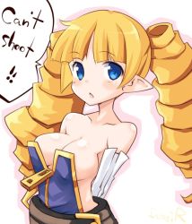 Rule 34 | 1girl, alternate breast size, archer (disgaea), arms behind back, bare shoulders, blonde hair, blue eyes, breasts, chestnut mouth, collarbone, disgaea, drill hair, iwashi dorobou -r-, large breasts, long hair, looking at viewer, pointy ears, sideboob, solo, twin drills, upper body