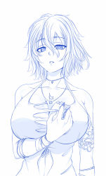Rule 34 | 1girl, armlet, bare shoulders, blue theme, breasts, code vein, commentary, english commentary, hair between eyes, hand up, highres, huge breasts, io (code vein), jewelry, looking at viewer, monochrome, necklace, parted lips, short hair, simple background, solo, torn clothes, upper body, viperxtr, white background