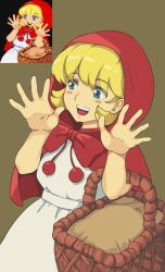 Rule 34 | 1girl, :d, basket, blonde hair, blue eyes, blush stickers, brown background, bulleta, dress, hood, open mouth, red hood, reference inset, simple background, smile, tyrone, upper body, vampire (game), white dress