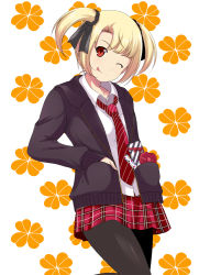 Rule 34 | 00s, 1girl, :p, bad id, bad pixiv id, black pantyhose, blonde hair, casual, gift, hand in pocket, heart, idolmaster, idolmaster dearly stars, jacket, md5 mismatch, necktie, one eye closed, onion (lemlaml), pantyhose, plaid, red eyes, skirt, solo, suzuki ayane, tongue, tongue out, twintails, valentine, wink