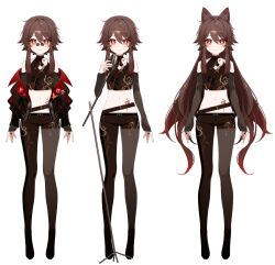 Rule 34 | 1girl, animal ears, asymmetrical clothes, bare shoulders, belt, black jacket, black nails, black pants, black shirt, boo tao (genshin impact), brown hair, brown pantyhose, cat ears, closed mouth, commentary, crop top, detached sleeves, full body, genshin impact, glasses, gradient hair, hand up, holding, hu tao (genshin impact), jacket, kemonomimi mode, long hair, long sleeves, looking at viewer, microphone stand, midriff, multicolored hair, multiple views, nail polish, navel, off shoulder, open clothes, open jacket, pants, pantyhose, pince-nez, red eyes, shibuya (kurokamishain), shirt, short hair with long locks, simple background, single leg pantyhose, single pantsleg, sleeveless, sleeveless shirt, smile, standing, star-shaped pupils, star (symbol), stomach, stomach tattoo, sunglasses, symbol-shaped pupils, tachi-e, tattoo, very long hair, white background