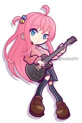 Rule 34 | 1girl, black skirt, black thighhighs, bocchi the rock!, brown footwear, furiousth, gotoh hitori, guitar, highres, holding, holding instrument, instrument, long hair, long sleeves, looking at viewer, pink hair, puyopuyo, side ponytail, simple background, skirt, solo, thighhighs, white background