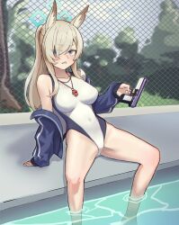 Rule 34 | 1girl, absurdres, animal ear fluff, animal ears, blonde hair, blue archive, blue eyes, blue halo, blue jacket, breasts, chain-link fence, competition swimsuit, covered navel, dog ears, dog girl, extra ears, feet out of frame, fence, glock, gun, hair over one eye, halo, handgun, highleg, highleg one-piece swimsuit, highres, jacket, kanna (blue archive), kanna (swimsuit) (blue archive), large breasts, long hair, looking at viewer, notched ear, official alternate costume, one-piece swimsuit, ponytail, poolside, sansu, sharp teeth, soaking feet, solo, swimsuit, teeth, weapon, whistle, whistle around neck, white one-piece swimsuit