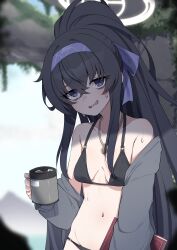 Rule 34 | 1girl, absurdres, bags under eyes, bikini, black bikini, black hair, blue archive, book, breasts, cardigan, cup, day, grey cardigan, hair ribbon, hairband, halo, highres, holding, holding book, holding cup, ice, ice cube, jewelry, long hair, looking at viewer, necklace, off shoulder, open cardigan, open clothes, open mouth, outdoors, ponytail, revision, ribbon, small breasts, solo, sweat, swimsuit, ui (blue archive), ui (swimsuit) (blue archive), valefal coneri, very long hair