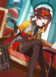 Rule 34 | 1girl, absurdres, arm support, black gloves, black pantyhose, blurry, brown hair, chiori (genshin impact), commentary, couch, crossed legs, depth of field, drill hair, elbow gloves, forehead, genshin impact, gloves, hair bun, hair ornament, hairpin, hat, head rest, highres, holding, holding scissors, iinagi (kashiwa keira), indoors, japanese clothes, long hair, looking at viewer, multicolored hair, obi, on couch, pantyhose, parted bangs, red eyes, sash, scissors, short sleeves, side ponytail, sidelocks, single hair bun, sitting, solo, streaked hair, two-tone hair, wide sleeves, window