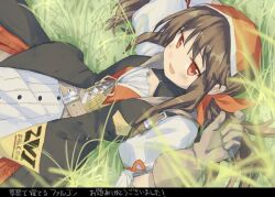 Rule 34 | 1girl, :d, arigatoner, brown gloves, brown hair, commentary request, cowboy shot, falcon (girls&#039; frontline), girls&#039; frontline, gloves, grass, head scarf, long hair, looking at viewer, lying, on back, on grass, open mouth, outdoors, red eyes, red scarf, scarf, shirt, sidelocks, smile, solo, translation request, white shirt