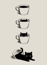 Rule 34 | animal focus, avogado6, black cat, cat, commentary, cup, english commentary, full body, grey background, greyscale, high contrast, highres, in container, in cup, kitten, looking at viewer, lying, monochrome, no humans, on stomach, original, recurring image