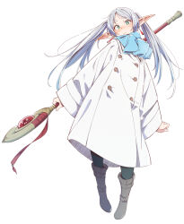 Rule 34 | 1girl, blue scarf, boots, coat, commentary, earrings, eitopondo, elf, frieren, full body, green eyes, grey footwear, highres, holding, holding staff, jewelry, long hair, long sleeves, looking at viewer, parted bangs, pointy ears, scarf, solo, sousou no frieren, staff, standing, symbol-only commentary, twintails, white coat, white hair, wide sleeves