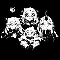 Rule 34 | 4girls, abyssal ship, airfield princess, album cover redraw, bohemian rhapsody, collar, covered mouth, crossed arms, deel (rkeg), derivative work, greyscale, horns, kantai collection, looking at viewer, midway princess, monochrome, multiple girls, no eyebrows, northern ocean princess, parody, queen (band), ringed eyes, seaport princess, single horn, spiked collar, spikes, translation request, wavy hair