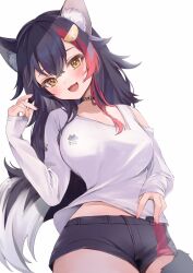 Rule 34 | 1girl, animal ears, asymmetrical clothes, asymmetrical shirt, black choker, black hair, black shorts, blush, breasts, choker, commentary request, cowboy shot, flipped hair, hair ornament, hairclip, head tilt, highres, hololive, large breasts, long hair, long sleeves, looking at viewer, midriff peek, multicolored hair, official alternate costume, ookami mio, ookami mio (casual), open mouth, red hair, shiro hebi rei, shirt, short shorts, shorts, simple background, single bare shoulder, solo, spiked hair, streaked hair, tail, tail around own leg, tail wrap, very long hair, virtual youtuber, white background, white hair, white shirt, wolf ears, wolf girl, wolf tail, yellow eyes