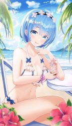 Rule 34 | 1girl, :q, absurdres, bare arms, bare shoulders, beach, bikini, blue eyes, blue hair, breasts, chair, cleavage, cloud, collarbone, day, flower, flower knot, food, frilled bikini, frills, groin, halterneck, halterneck, headdress, hibiscus, highres, holding, ice cream, kottungyang, large breasts, crossed legs, looking at viewer, navel, ocean, outdoors, re:zero kara hajimeru isekai seikatsu, rem (re:zero), short hair, sitting, sky, smile, solo, stomach, sunlight, swimsuit, table, thighs, tongue, tongue out, white bikini