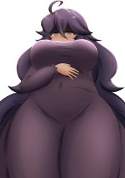 Rule 34 | 1girl, @ @, absurdres, ahoge, blue eyes, blush, breasts, covered navel, creatures (company), dress, eyebrows, eyebrows hidden by hair, female focus, from below, game freak, groin, hair between eyes, hex maniac (pokemon), highres, kiteman442, large breasts, legs together, long hair, looking at viewer, looking down, nintendo, npc trainer, pokemon, pokemon xy, purple dress, purple hair, simple background, skin tight, solo, very long hair, white background