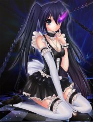 Rule 34 | 10s, bare shoulders, black hair, black rock shooter, black rock shooter (character), dress, elbow gloves, gloves, glowing, glowing eyes, highres, jewelry, kneeling, long hair, maid, necklace, shoes, sitting, solo, thighhighs, ushas, white thighhighs, zettai ryouiki