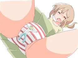 Rule 34 | 1boy, 1girl, brown hair, close-up, closed eyes, fat mons, giant, giantess, green skirt, hetero, hug, leaning back, mini person, miniboy, noneto, on floor, open mouth, panties, pleated skirt, ponytail, simple background, size difference, skirt, spread legs, striped clothes, striped panties, underwear, upskirt, white background