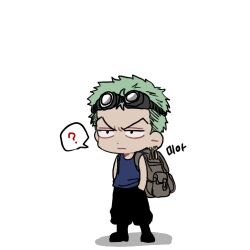 Rule 34 | 1boy, ?, bag, black pants, black tank top, boots, chibi, commentary request, enahr 1111, goggles, goggles on head, green hair, hand in pocket, korean commentary, lowres, male focus, one piece, pants, roronoa zoro, short hair, shoulder bag, simple background, solo, tank top, v-shaped eyebrows, white background