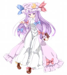 Rule 34 | 1girl, book, coat, coo (coonekocoo), crescent, dress, hair ribbon, hat, long hair, long sleeves, looking at viewer, open clothes, open coat, patchouli knowledge, purple eyes, purple hair, ribbon, simple background, solo, striped clothes, striped dress, touhou, tress ribbon, very long hair, white background, white dress