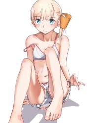 Rule 34 | 1girl, barefoot, blonde hair, blue eyes, blunt bangs, bra, commentary request, feet, foreshortening, hair ornament, highres, kabayaki namazu, kantai collection, long hair, looking at viewer, navel, panties, shin&#039;you (kancolle), side ponytail, simple background, sitting, solo, toes, tumbler, underwear, white background, white bra, white panties