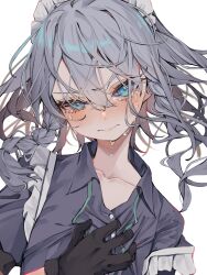 Rule 34 | 1girl, absurdres, black gloves, blue eyes, blush, braid, breasts, collarbone, crying, crying with eyes open, frills, gloves, grey hair, hair between eyes, highres, izayoi sakuya, long hair, looking at viewer, maid headdress, shirt, simple background, solo, tears, touhou, tsune (tune), white background