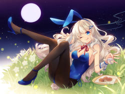 Rule 34 | 1girl, ;q, alcohol, animal ears, bare shoulders, blue eyes, blue footwear, blue leotard, blush, breasts, cleavage, cup, detached collar, eyebrows, fake animal ears, fireflies, flower, full body, full moon, hair ornament, hairclip, head tilt, high heels, holding, knees up, kuuki shoujo, leg up, leotard, long hair, looking at viewer, moon, mooncake, neck ribbon, night, night sky, one eye closed, outdoors, pantyhose, personification, plate, playboy bunny, rabbit ears, rabbit tail, red ribbon, ribbon, sakazuki, sake, shinia, shoes, side-tie leotard, sky, small breasts, solo, strapless, strapless leotard, tail, the personfication of atmosphere, the personification of atmosphere, tokkuri, tongue, tongue out, wavy hair, white flower, white hair, wrist cuffs