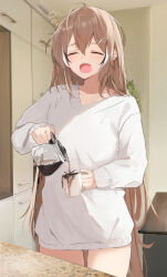 Rule 34 | 1girl, = =, ahoge, alternate costume, black hair, brown hair, closed eyes, collarbone, commentary, cowboy shot, cup, desk, double-parted bangs, hair between eyes, hair ornament, hairpin, highres, holding, holding coffee pot, holding cup, hololive, hololive english, indoors, long hair, long sleeves, multicolored hair, nanashi mumei, open mouth, shuuzo3, solo, spilling, squeans, streaked hair, sweater, thighs, two-tone hair, virtual youtuber, white hair, white sweater, yawning