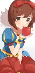 Rule 34 | 1girl, apple, between legs, blue dress, bob cut, bow, brown eyes, brown hair, dot nose, dress, food, fruit, hagiwara yukiho, hair bow, hand between legs, heart, heart necklace, highres, holding, holding food, holding fruit, idolmaster, idolmaster (classic), idolmaster million live!, idolmaster million live! theater days, inuyama nanami, jewelry, looking at viewer, medium hair, necklace, parted lips, puffy short sleeves, puffy sleeves, red apple, red bow, red skirt, short sleeves, simple background, skirt, sleeping beauty, solo, white background