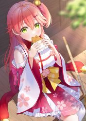 Rule 34 | 1girl, absurdres, ahoge, bell, blush, bow, breasts, day, detached sleeves, dress, eating, floral print, food, food in mouth, frilled dress, frills, from above, green eyes, hair bell, hair between eyes, hair ornament, highres, holding, holding food, hololive, jingle bell, large breasts, long hair, long sleeves, looking at viewer, one side up, paw print, pink hair, red skirt, sakura miko, sakura miko (1st costume), single thighhigh, sitting, skirt, solo, taiyaki, thighhighs, tomozu, virtual youtuber, wagashi, white dress, white thighhighs, wide sleeves, wooden floor, x hair ornament, yellow bow