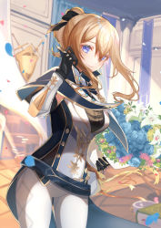 Rule 34 | 1girl, black bow, black shirt, blonde hair, blue capelet, blue eyes, bouquet, bow, breasts, capelet, closed mouth, commentary, dress shirt, falling petals, flower, genshin impact, gloves, hair bow, hand up, high collar, high ponytail, highres, holding, holding bouquet, indoors, jean (genshin impact), jean (gunnhildr&#039;s legacy) (genshin impact), medium breasts, multicolored capelet, natsuki yoru, official alternate costume, pants, petals, ponytail, shirt, sidelocks, sleeveless, sleeveless shirt, smile, solo, tight clothes, white pants