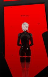 Rule 34 | absurdres, arms behind back, english text, gradient background, hair over one eye, highres, light particles, mechanization, military, military uniform, nixaluminos, red eyes, robot, short hair, signalis, star (symbol), two-tone background, uniform