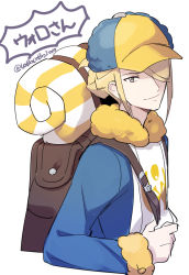 Rule 34 | 1boy, backpack, bag, baseball cap, blonde hair, blue jacket, brown bag, character name, closed mouth, commentary request, creatures (company), fur collar, game freak, grey eyes, hair over one eye, hat, jacket, long sleeves, male focus, momoji (lobolobo2010), multicolored clothes, multicolored hat, nintendo, open clothes, open jacket, pokemon, pokemon legends: arceus, shirt, short hair, smile, solo, twitter username, upper body, volo (pokemon), white background, white shirt, yellow collar