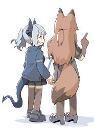 Rule 34 | 2girls, absurdres, animal ears, arknights, black footwear, black skirt, blue jacket, brown gloves, brown hair, brown pantyhose, brown thighhighs, clipboard, commentary, demon girl, demon horns, demon tail, elbow gloves, facing away, fox ears, fox girl, fox tail, franka (arknights), from side, full body, gloves, grey hair, highres, holding, holding clipboard, horns, jacket, konno akikaze, liskarm (arknights), looking at another, multiple girls, open mouth, pantyhose, pleated skirt, pointing, red eyes, shadow, short ponytail, sidelocks, simple background, skirt, tail, thighhighs, twitter username, white background