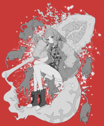 Rule 34 | 1girl, blood, blood splatter, blunt bangs, bone, cat, cloak, frown, full body, guro, hair ribbon, hand in pocket, intestines, lace-up, long hair, long sleeves, monochrome, moria (ruizu123456), red background, red riding hood (sinoalice), ribbon, shoes, sinoalice, solo, torn cloak, torn clothes, twintails, weapon