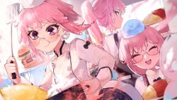 3girls absurdres apron black_apron black_bow blush bow breasts burger buttons chef chef_hat closed_eyes double-breasted fire food glasses hat highres hiiragi_mikoto holding long_hair long_sleeves looking_at_viewer looking_back multiple_girls multiple_views open_mouth original pink_eyes pink_hair ponytail round_eyewear sae_(hiiragi_mikoto) short_hair smile