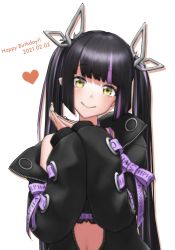 Rule 34 | 1girl, black hair, black jacket, black shirt, blunt bangs, blush, closed mouth, commentary request, crop top, cross-laced clothes, cross-laced sleeves, dated, demon girl, demon horns, happy birthday, highres, horns, i namatsu, jacket, jewelry, kojo anna, kojo anna (1st costume), long hair, long sleeves, looking at viewer, multicolored hair, nanashi inc., navel, off shoulder, open clothes, open jacket, own hands together, pointy ears, purple hair, ring, russian text, shirt, simple background, sleeveless, sleeveless shirt, smile, solo, sugar lyric, twintails, two-tone hair, upper body, virtual youtuber, white background, yellow eyes, zipper