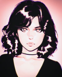 Rule 34 | 1girl, black hair, choker, close-up, closed mouth, collarbone, gradient background, highres, ilya kuvshinov, lips, looking at viewer, medium hair, original, red background, red eyes, solo
