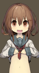 Rule 34 | &gt;:d, 10s, 1girl, :d, brown eyes, brown hair, hair ornament, hairclip, highres, ikazuchi (kancolle), kantai collection, looking at viewer, navel, open mouth, out-of-frame censoring, paprika shikiso, school uniform, serafuku, short hair, smile, solo, v-shaped eyebrows