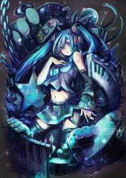 Rule 34 | arosuke, bad id, bad pixiv id, blue eyes, blue hair, chain, crown, detached sleeves, hatsune miku, long hair, navel, road sign, sign, skirt, solo, thighhighs, traffic light, twintails, vocaloid