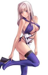 Rule 34 | 1girl, adjusting footwear, applekun, bare arms, bare shoulders, blue eyes, blush, boots, breasts, casual one-piece swimsuit, cleavage, closed mouth, collarbone, eyebrows hidden by hair, fate/grand order, fate (series), floral print, hair down, high heel boots, high heels, highres, large breasts, leg up, long hair, miyamoto musashi (fate), miyamoto musashi (fate/grand order), miyamoto musashi (swimsuit berserker) (fate), miyamoto musashi (swimsuit berserker) (third ascension) (fate), official alternate costume, one-piece swimsuit, platform boots, platform footwear, print swimsuit, purple footwear, side-tie swimsuit, silver hair, solo, standing, standing on one leg, sweatdrop, swept bangs, swimsuit, thigh boots, wedge heels