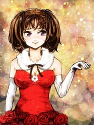 Rule 34 | 10s, 1girl, blush, breasts, brown hair, cleavage, diane (nanatsu no taizai), dress, elbow gloves, gloves, kajiko, long hair, medium breasts, nanatsu no taizai, purple eyes, simple background, smile, solo, twintails