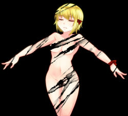 Rule 34 | 1girl, aoshima, blonde hair, censored, convenient censoring, closed eyes, female focus, hair ribbon, highres, nude, aged up, ribbon, rumia, solo, touhou