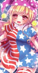 Rule 34 | 1girl, alternate legwear, american flag dress, american flag legwear, blonde hair, blush, breasts, clownpiece, collar, fang, frilled collar, frilled shirt collar, frills, hat, jester cap, long hair, looking at viewer, matasabuyarou, neck ruff, open mouth, polka dot, red eyes, shirt, sketch, solo, striped clothes, striped thighhighs, thighhighs, touhou